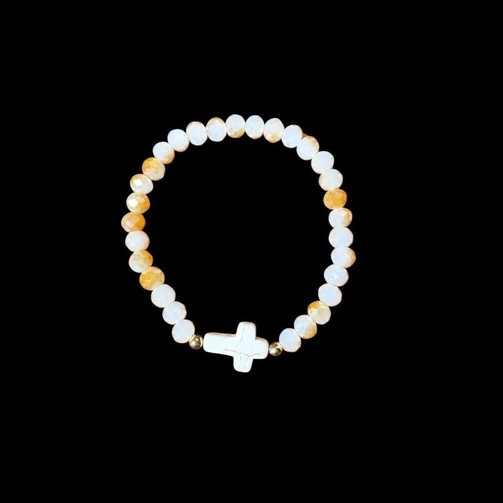 Faceted White Amber Plastic Bead Cross Stretch Bracelet Faith Jewelry Gift Pouch